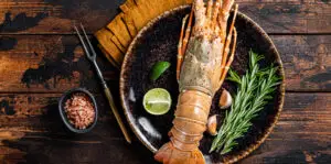 Gourmet dinner with Spiny lobster or sea crayfish on a plate. Wo