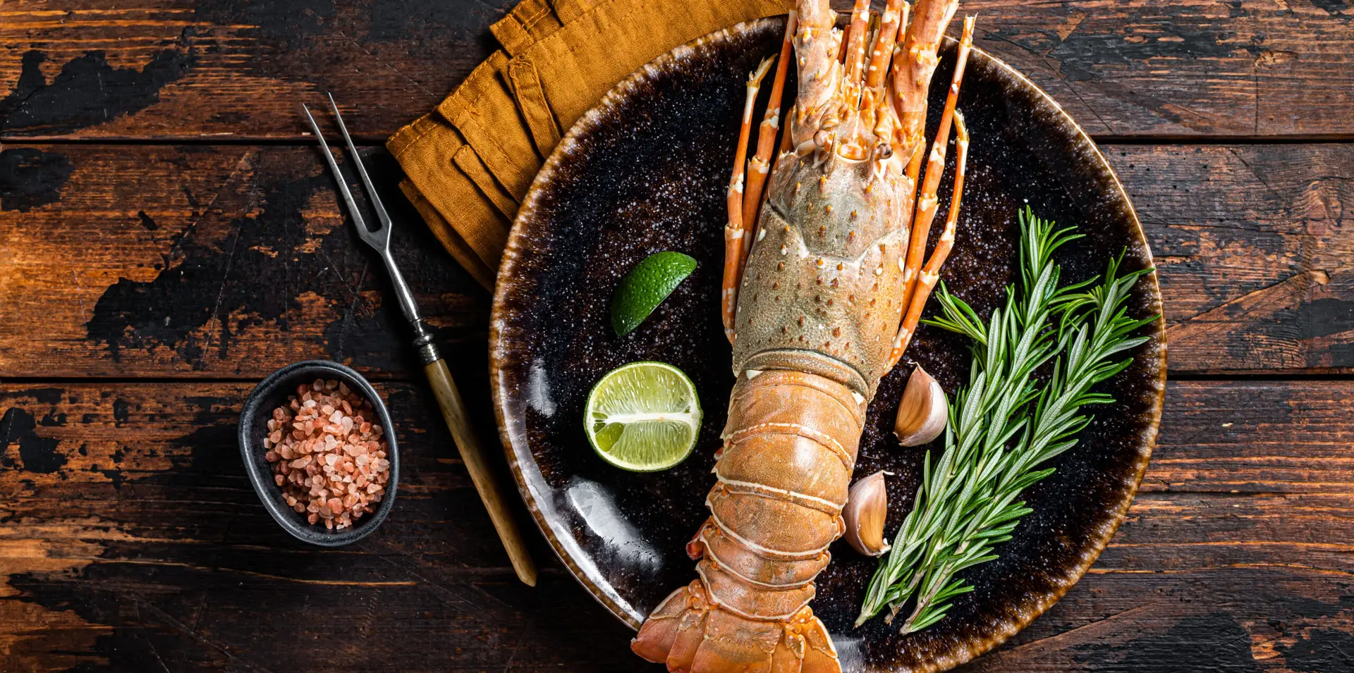 Gourmet dinner with Spiny lobster or sea crayfish on a plate. Wo